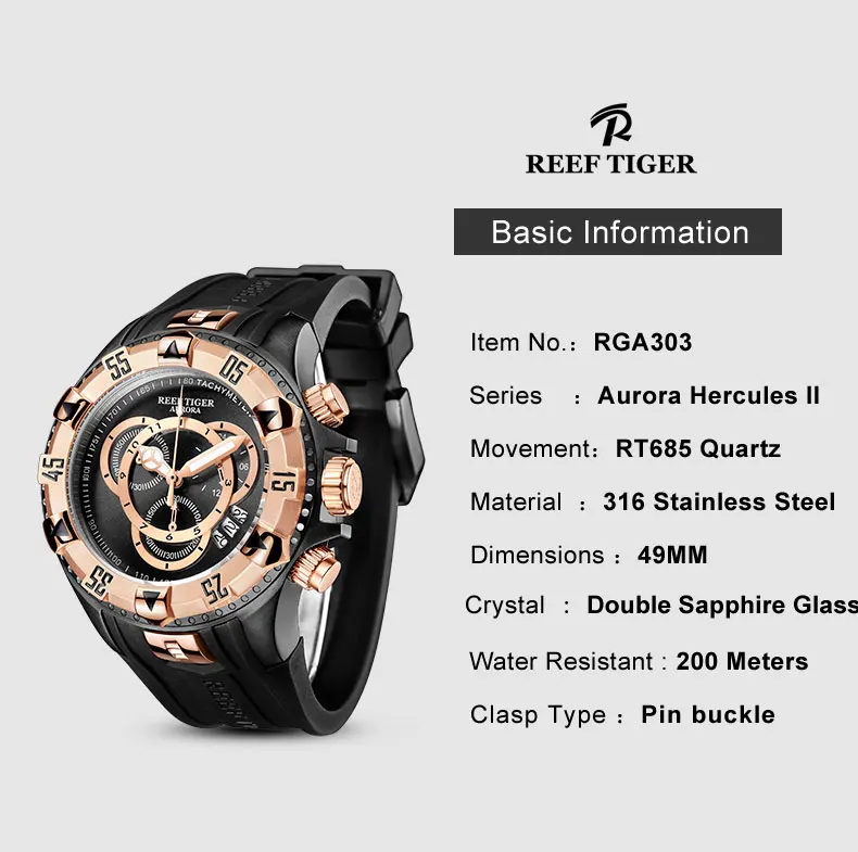 Reef Tiger/RT дизайнерские спортивные часы Супер Светящиеся с хронографом даты все черные резиновые ремешок повседневные часы RGA303-2