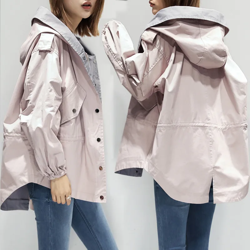 Pink Tnlnzhyn Демисезонный Для женщин Тренч свободные с капюшоном Для женщин ветровки Повседневное пальто с длинными рукавами Y1046 - Цвет: Pink
