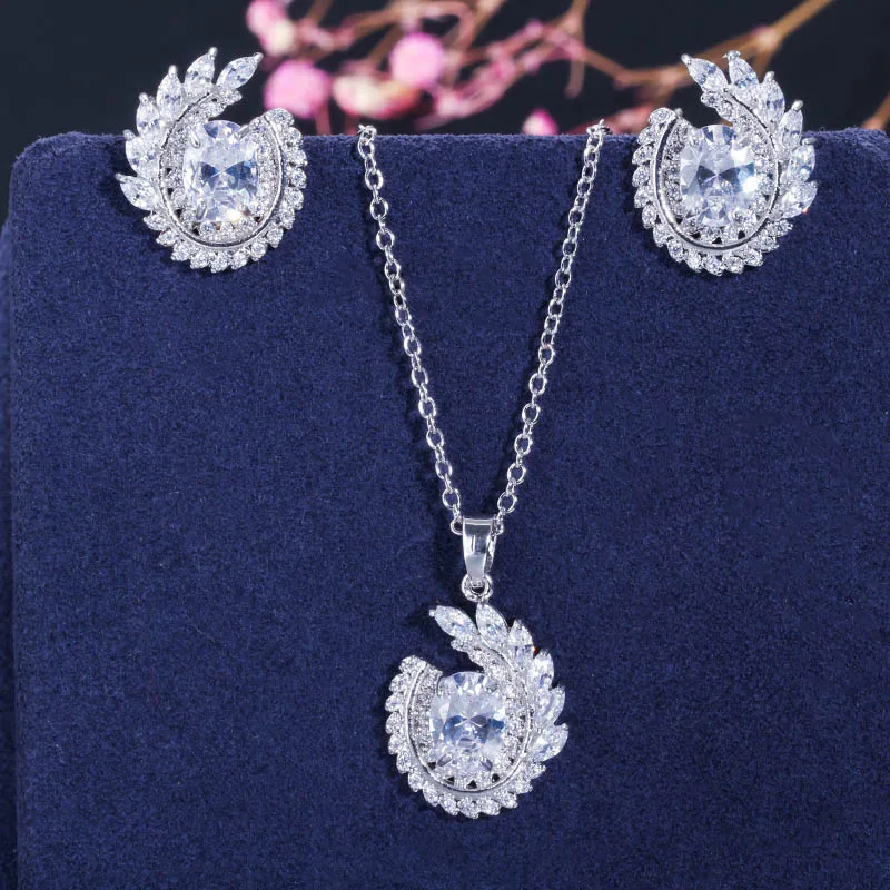 White CWWZircons классический лист форма зеленый кубический цирконий трендовый кулон ожерелье и серьги Ювелирные наборы для дам модный подарок T055 - Окраска металла: White