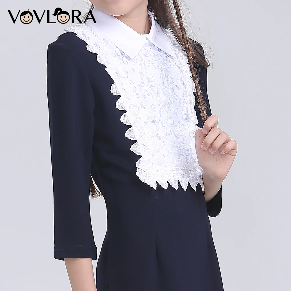 Long Sleeve Detachable Collar School Dress For Girl Lace Kids Dresses Autumn 2018 Uniforms Size 9 10 11 12 13 14 Years | Детская одежда