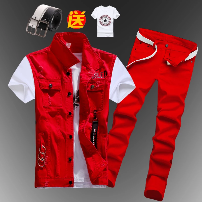 

New Mens Boys Casual Denim Vest Sleeveless Waistcoat Summer Jeans Pants Trousers Slim Fit 2pcs Set Thin M5