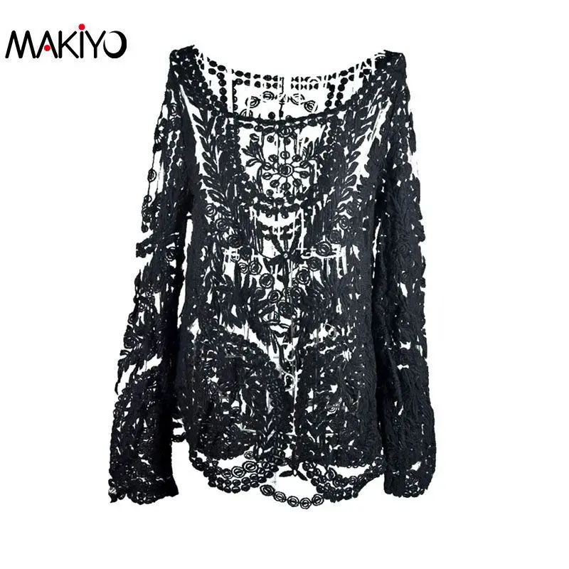 Черный Blusas Femininas, женская сексуальная Кружевная блуза с длинным рукавом, топы, модные Ажурные вязаные топы - Цвет: Черный