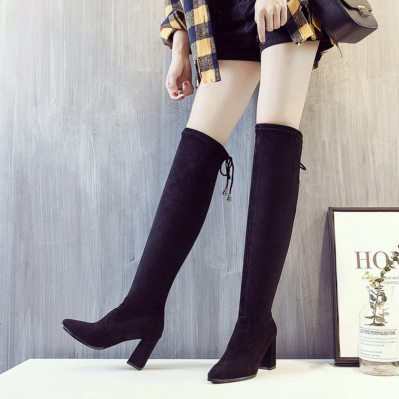 2018 зима новый выше колена женские ботинки был тонкий с круглый носок упругой
