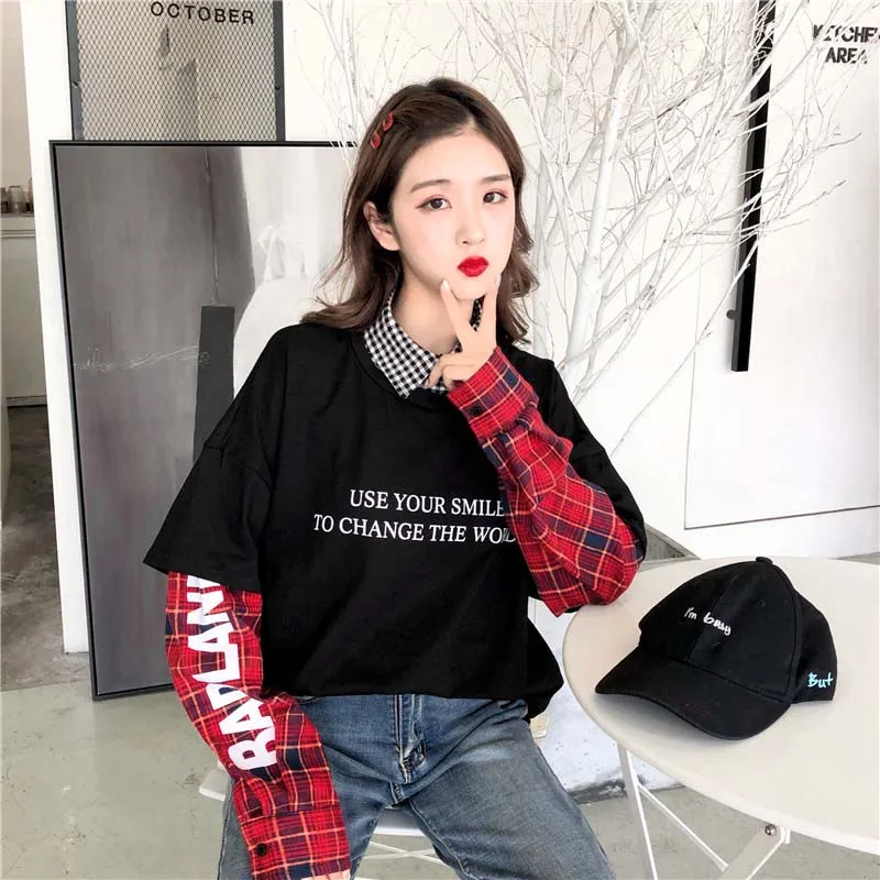 NiceMix Harajuku футболка Женские топы Поддельные 2 шт. футболка Лоскутная клетчатая рубашка с длинным рукавом Уличная рубашка Camiseta Feminina