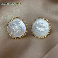 2018 new design hand make winding fine jewelry white baroque pearl flat round coin gold real pearls hot style stud earrings