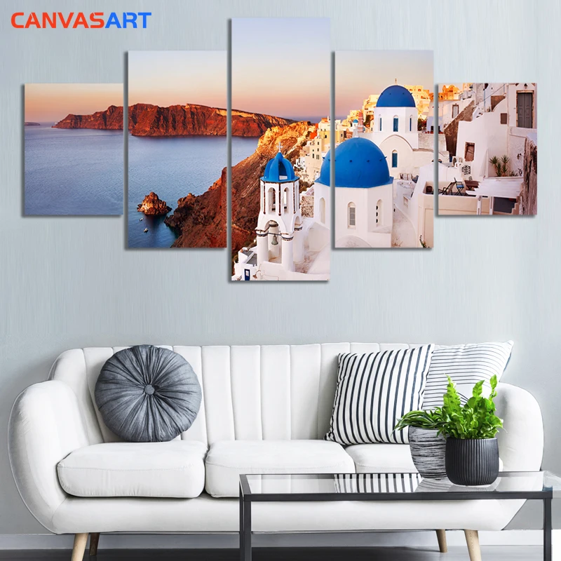 Холст искусство 5 шт. картины Санторини греческое Эгейское море для гостиной