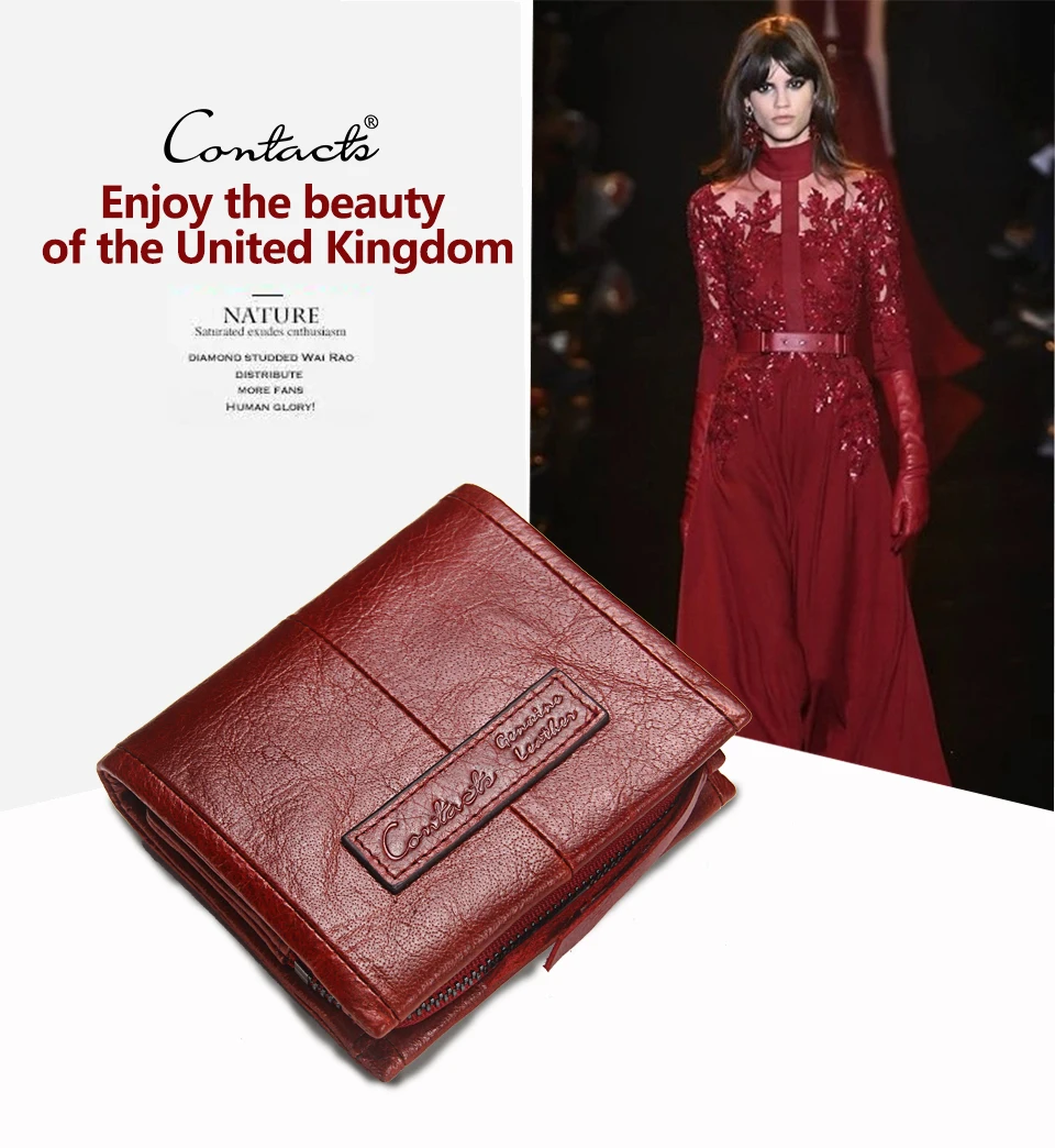 Contact'S Fashion Genuine Leather Women Wallet Small Standard Wallets Coin Bag Brand Design Lady Purse Card Holders Red Brown