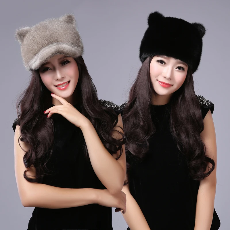 New women's cap  real fur mink fur winter warm ear protector cat ears fur hat