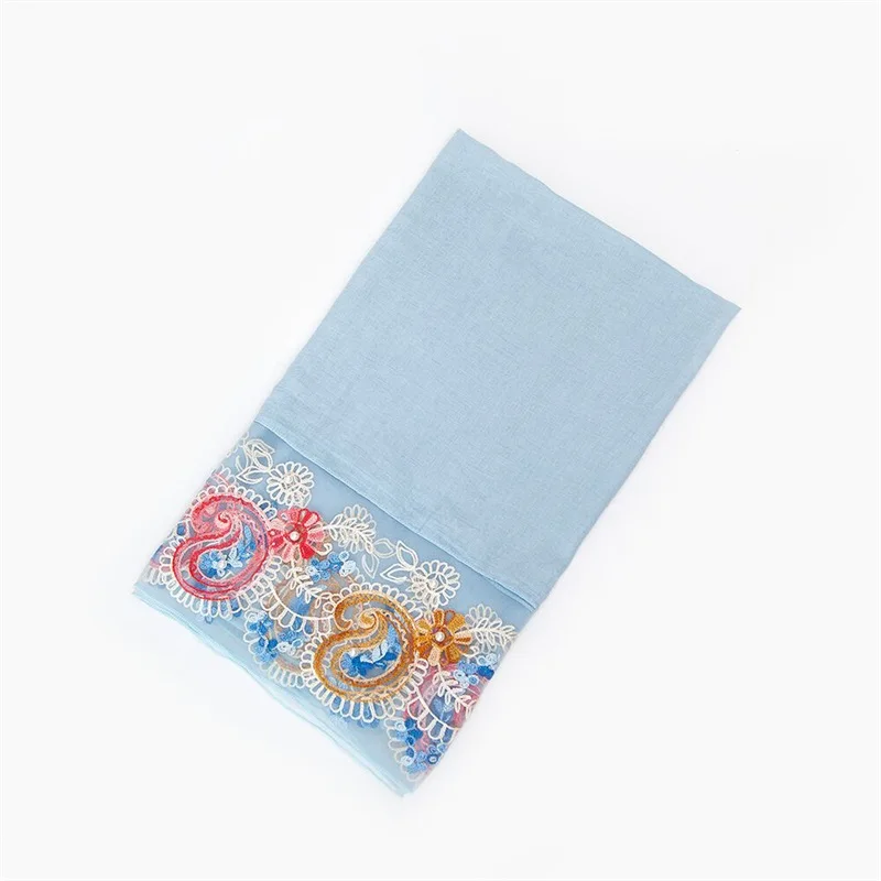 Light Blue Wuaumx осень Для женщин шарф вышитые хиджаб шарфы с жемчугом хлопок шарфы для женщин шали палантины леди, шарфы женские, осень женщины, шарф с бусами, шарф женский, платок женский - Цвет: Light Blue