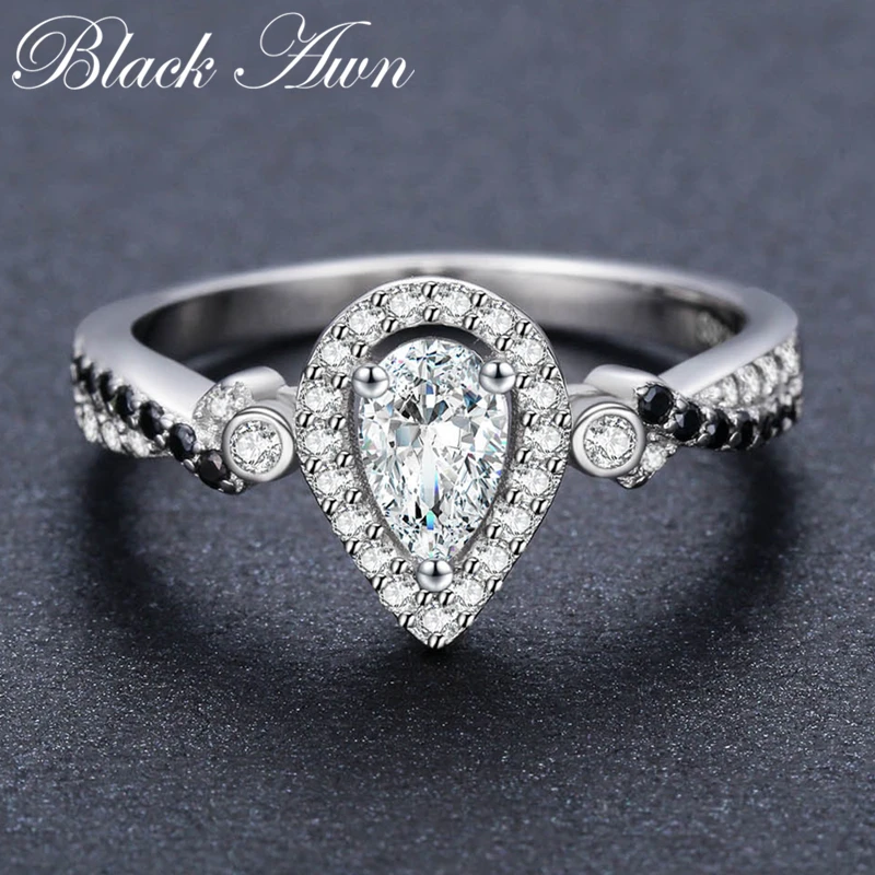 New Classic 2.3g 925 Sterling Silver Fine Jewelry Water Drop Bague Black Spinel Engagement Rings for Women  Bijoux C484