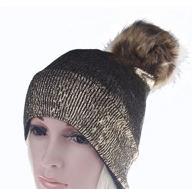 

girls bronzing gold and silver with caps raccoon fur pompon hat for women winter knitting warm hats female skullies beanies