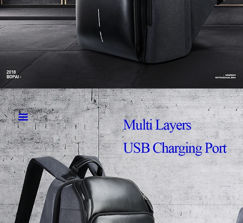 BOPAI, новинка, мужской рюкзак, зарядка через usb, сумка, 15,6 дюймов, рюкзак для ноутбука, Противоугонный, вместительный, водонепроницаемый, мужской рюкзак для путешествий