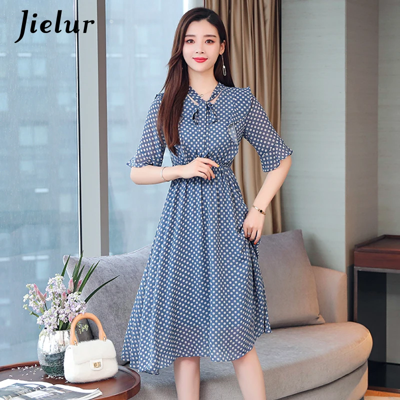 Jielur Summer Dresses Women V-neck Lace-up Chiffon Polka Dots Young Midi Dress Korean Elegant Retro Leisure Street Robe Femme | Женская