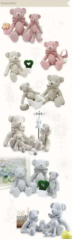 

Luxury 100% hand-made 35cm high quality pink striped pattern design teddy bear plush toys