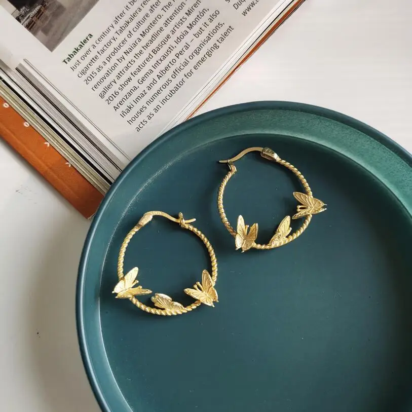 gold color Элегантные серьги-кольца, позолоченные, 3 мини-серьги-бабочки для женщин, 925 пробы, серебряные, закрученные, с пряжкой, вечерние серьги - Окраска металла: gold color