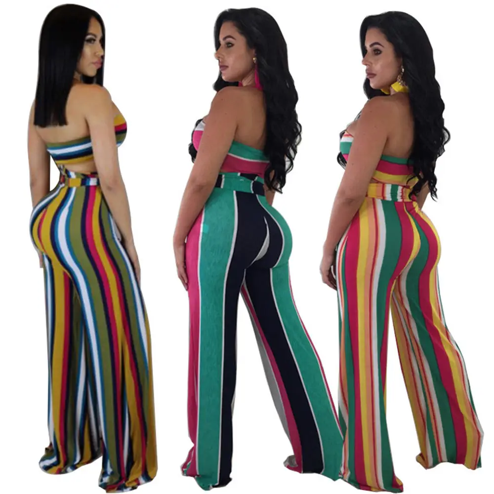 Сексуальный женский комплект 2 шт. костюм со штанами в полоску без бретелек