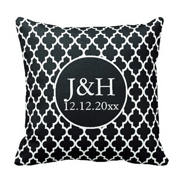 Пользовательский начальный чехол для подушки Quatrefoil, именной вензель, наволочка для подушки, черный, белый цвет, подарок на свадьбу, украшения для стула