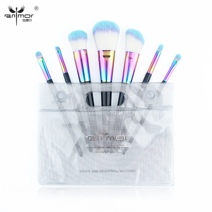 Anmor 7 шт. Профессиональный набор кистей для макияжа с прозрачной сумкой Радужный