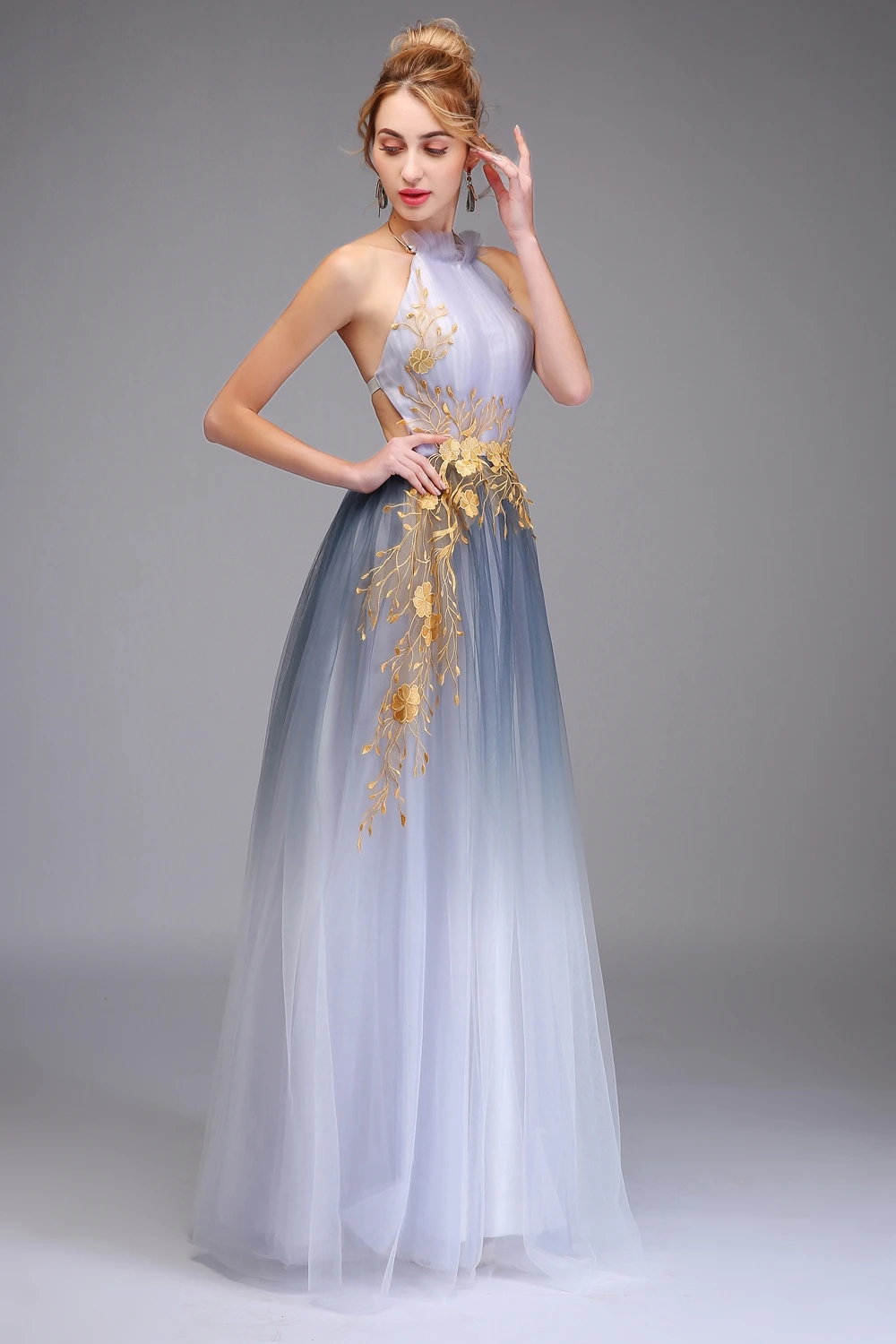 SSYFashion, Новое сексуальное платье для выпускного вечера, с лямкой через шею, с кружевной аппликацией, градиентное, дымчато-серое, с открытой спиной, длинное вечернее платье, Robe De Soiree