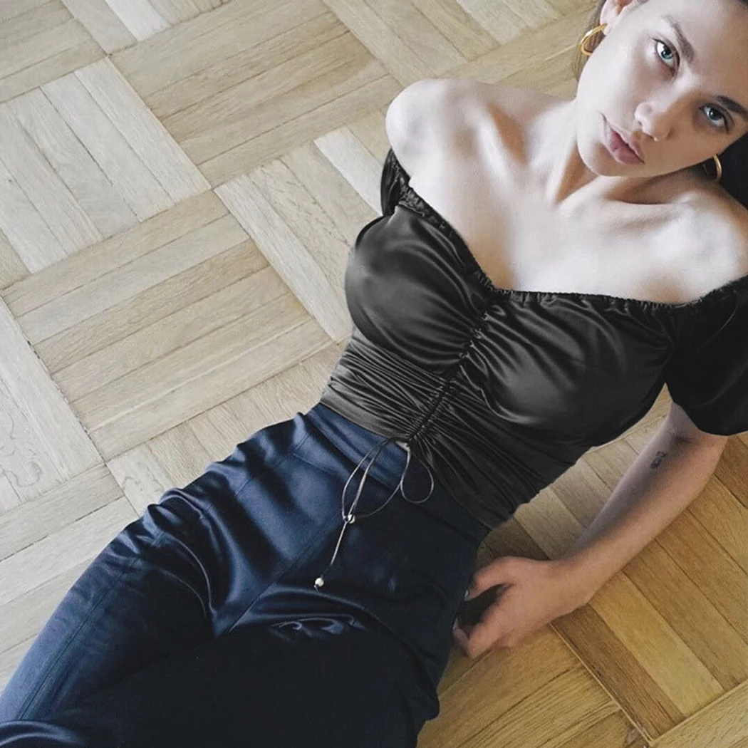 Sexy Retro Black Drawstring Crop Top Women V-Neck Off Shoulder Short Sleeve Blouses Ladies Vintage Slash Neck Bandage Shirt Tops |