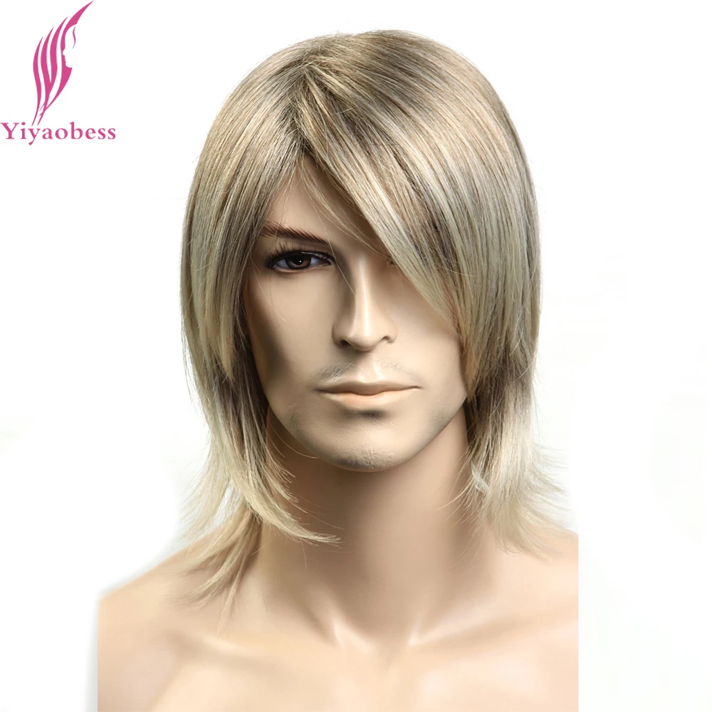 

Yiyaobess 12inch Synthetic Japanese Fiber Straight Mens Hair Wig Highlights Medium Length Wigs For Men Japanese Fiber