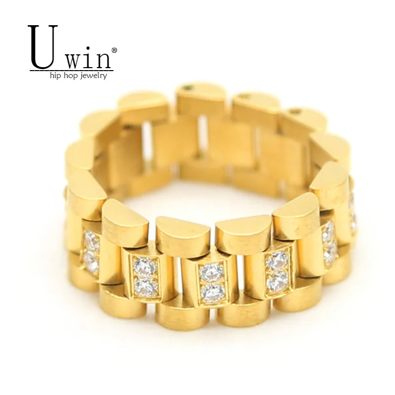 UWIN хип хоп мужское кольцо с цепочкой из нержавеющей стали цирконием ААА тремя
