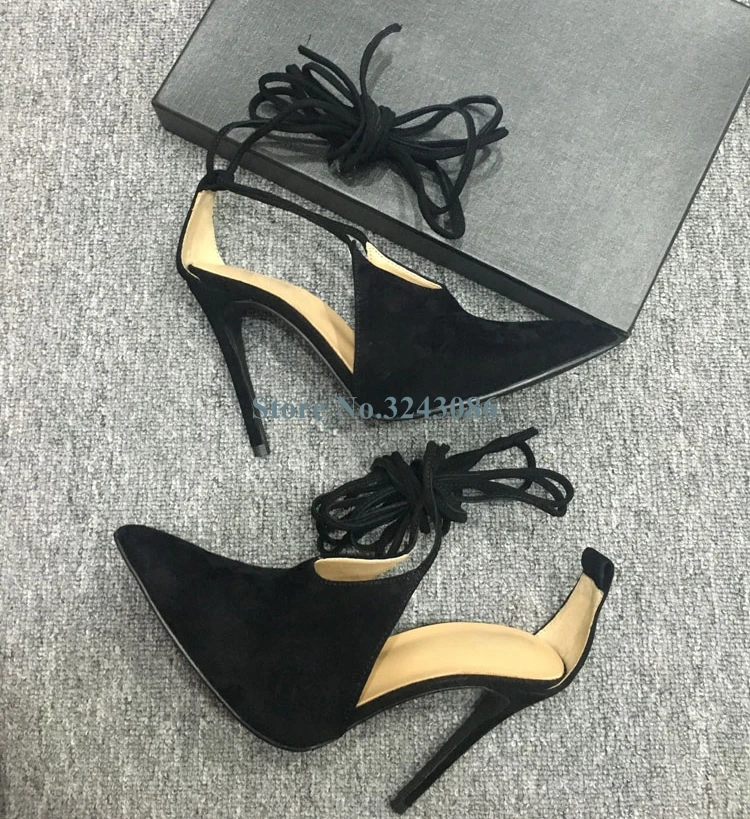 Harga Baru Hitam Suede Cross Tali Tipis High Heels Pompa Menunjuk Toe Stiletto Heels Wanita Sepatu Elegan Pergelangan Kaki Renda Up Gaun Sepatu