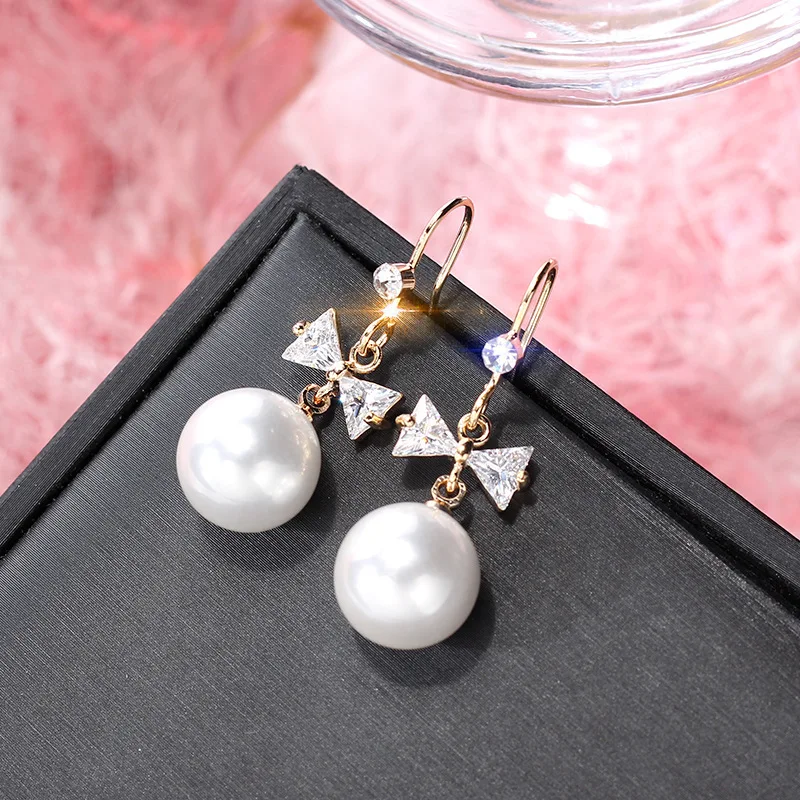Korean delicate zircon bow earrings feminine temperament girl heart Pearl eardrops simple short hair Earrings | Украшения и