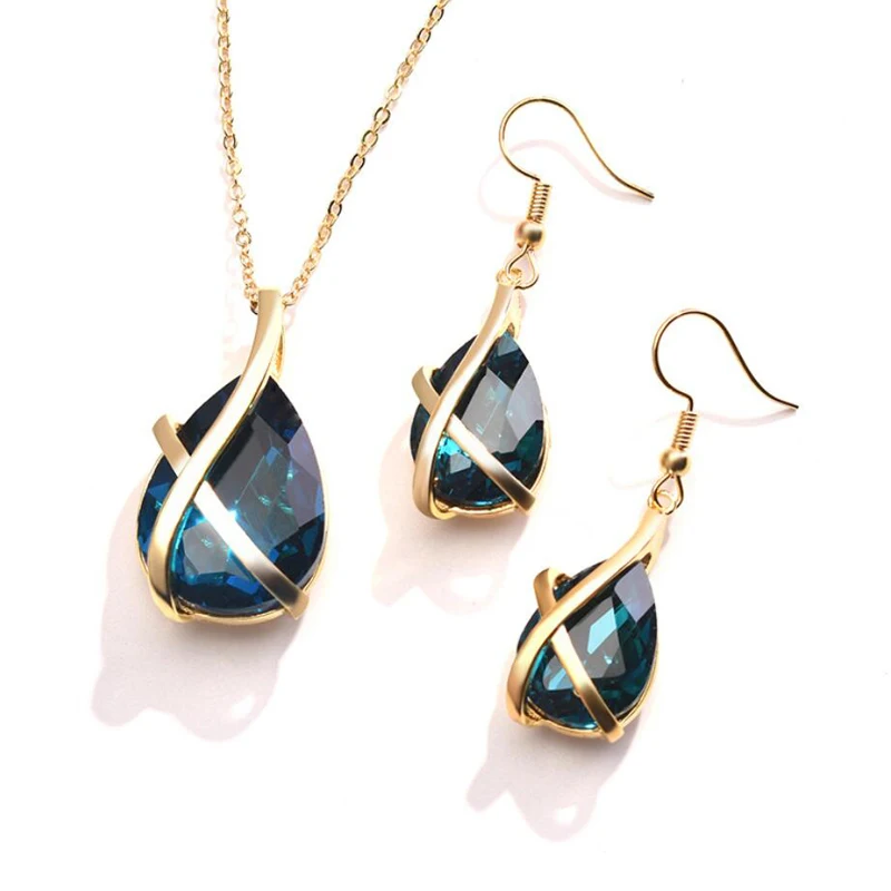 

KOFSAC New Fashion 925 Silver Jewelry Sets For Women Exquisite Blue Crystal Golden Earring Necklace Set Female Anniversary Gifts