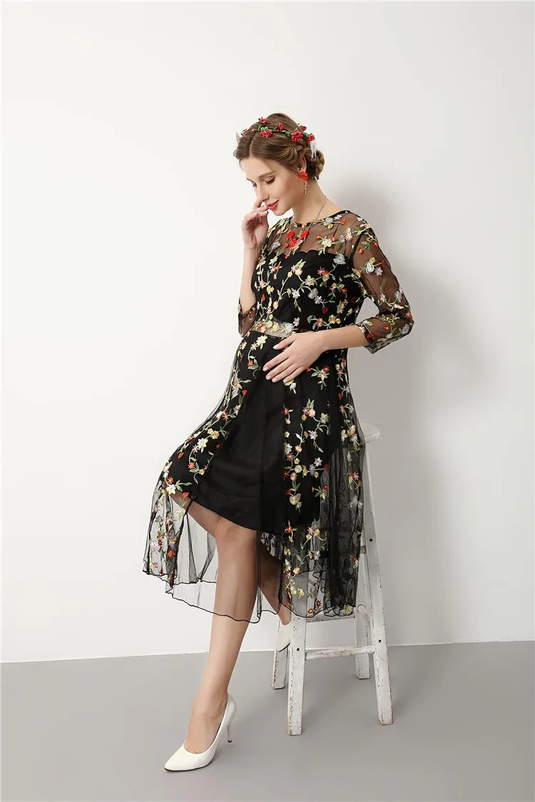 Цветочная вышивка черные летние платье для беременных ночь часть платья