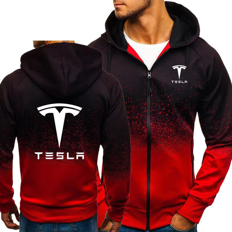 

Hoodies Men Tesla Car Logo Print Casual HipHop Harajuku Gradient color Hooded Mens Fleece Sweatshirts zipper Jacket Man Clothing
