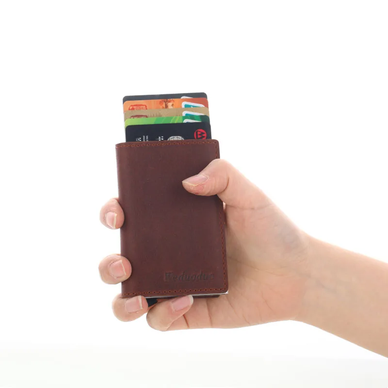 Weduoduo мужской блокирующий Rfid кошелек мини натуральная кожа бизнес алюминиевый кредитный держатель для карт кошелек автоматический всплывающий Чехол для карт - Цвет: FM RedBrown