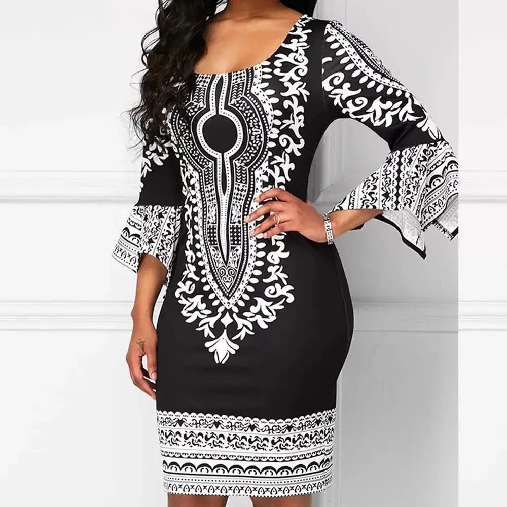 Fadzeco африканские платья для женщин Дашики 3/4 рукав цветочные Bodycon миди платье этнический Племенной печати летнее платье карандаш