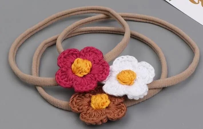24 шт./лот вязаный цветок из хлопковых нитей для новорожденных нейлоновая повязка
