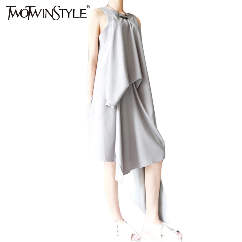 Платье с открытыми плечами TWOTWINSTY летнее асимметричное длинное миди платье без