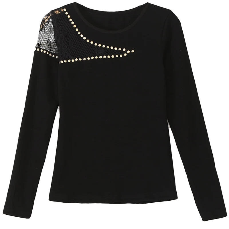 Заклепки рубашки вышитые бисером 2019 весенне-осенняя женская футболка со