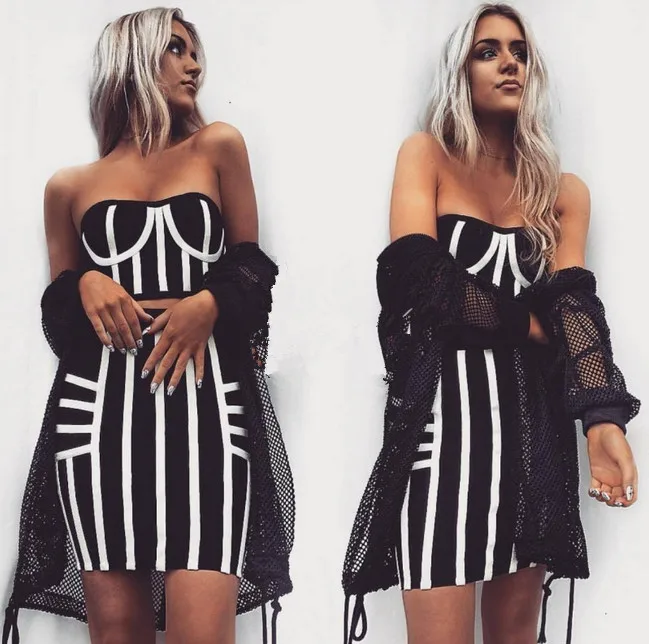 Высокое качество Черный Белый комплект из 2 предметов вискозное Бандажное платье