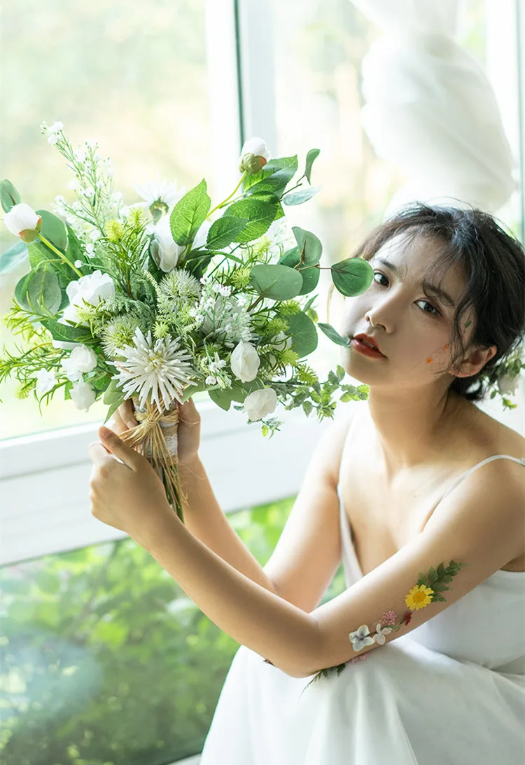 JaneVini Romantic White Bridal Bouquets Artificial Silk Rose Boho Bouquet Green Leaves Bridesmaid Holding Flowers Bouket Wedding | Свадьбы и