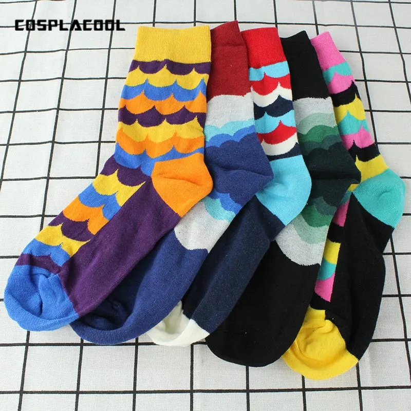 

[COSPLACOOL]5 Pairs Happy Socks Men Brand Colorful Dress Stripe Meias Combed Cotton Harajuku Funny Socks Lovers Skateboard Socks