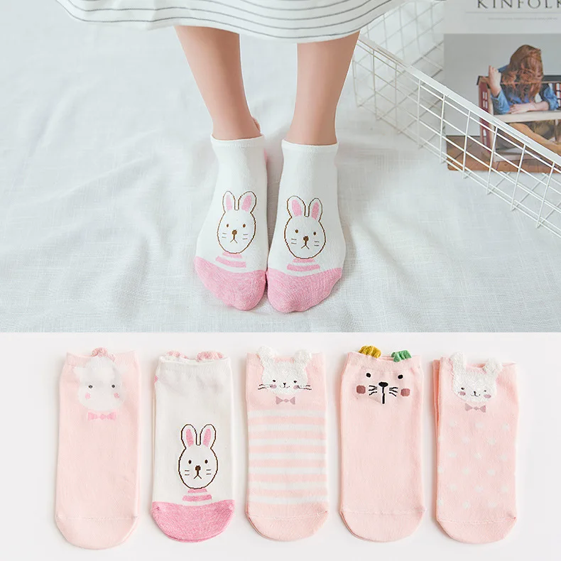 Pink Rabbit Jeseca/5 пар/лот; Новинка; женские жаккардовые носки с героями мультфильмов; тапочки; милые женские короткие носки Kawaii; сезон весна-лето; нескользящие носки - Цвет: Pink Rabbit