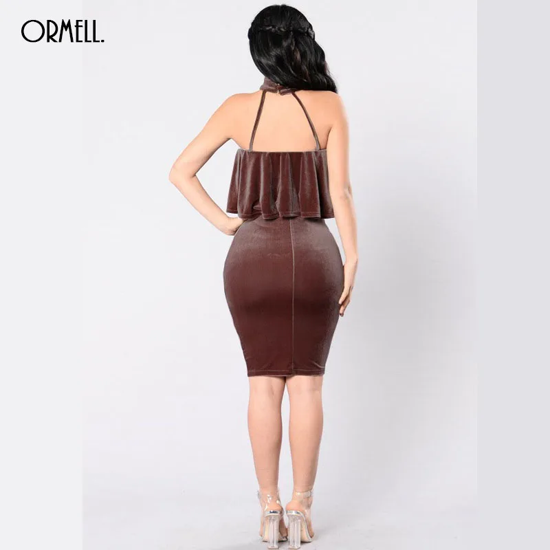 Ormell бархат с открытыми плечами Bodycon платье Раффлед Элегантный плеча короткое