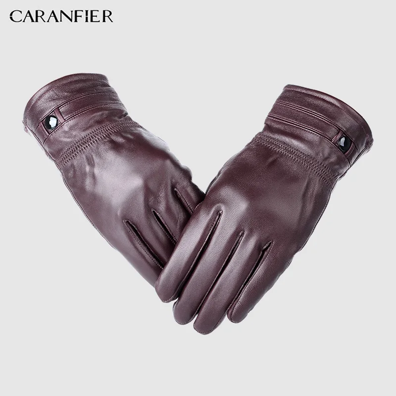 Мужские перчатки из натуральной кожи CARANFIER зимние теплые бархатные овечьей