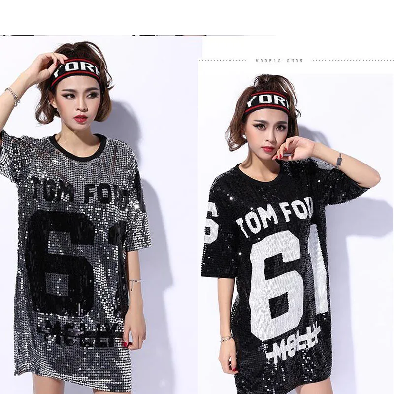 

Female Hip-Hop T Shirt Sequined costumes Letter Loose Paillette Jazz DS Costumes Tops For Women Bar Club DJ Pole Dancing Shirt