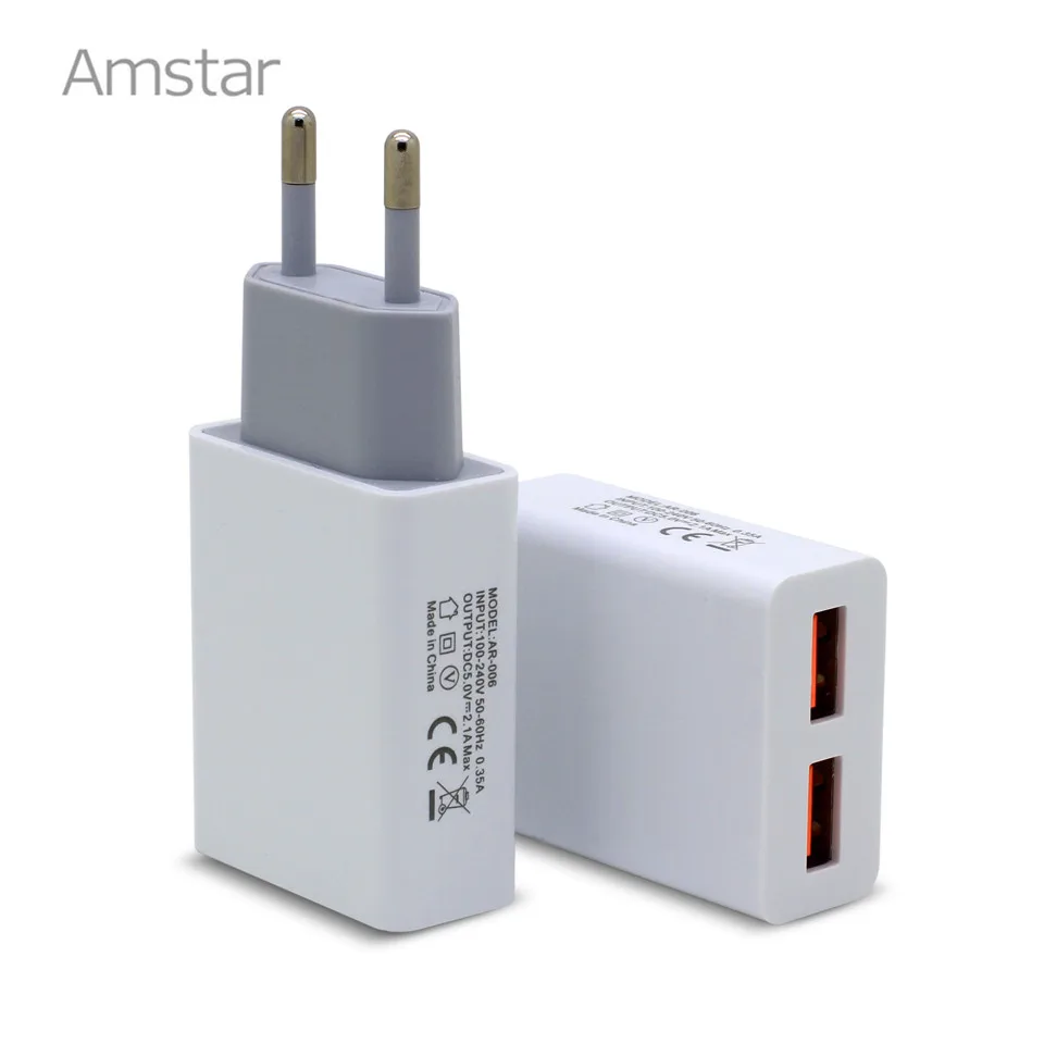 Зарядное устройство Amstar Slim с двумя USB разъемами для телефонов штепсельная вилка