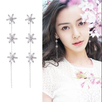 new silver color crystal flower earrings fashion cubic zirconia tassel long earrings for women bridal wedding party accessories
