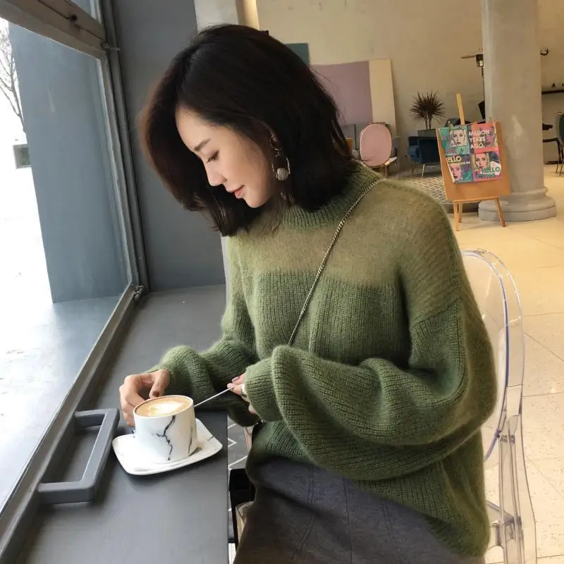 Женский мохеровый свитер с круглым вырезом свободный трикотажный пуловер