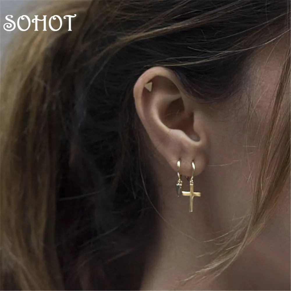 SOHOT классическое крошечное унисекс крест кулон серьги кольца трендовый Золотой