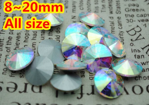 

100pcs/lot Crystal AB Color 8mm,10mm,12mm,14mm,16mm,18mm,20mm Chinese Top Quality Round Fancy Stone Rivoli glass Pointback beads