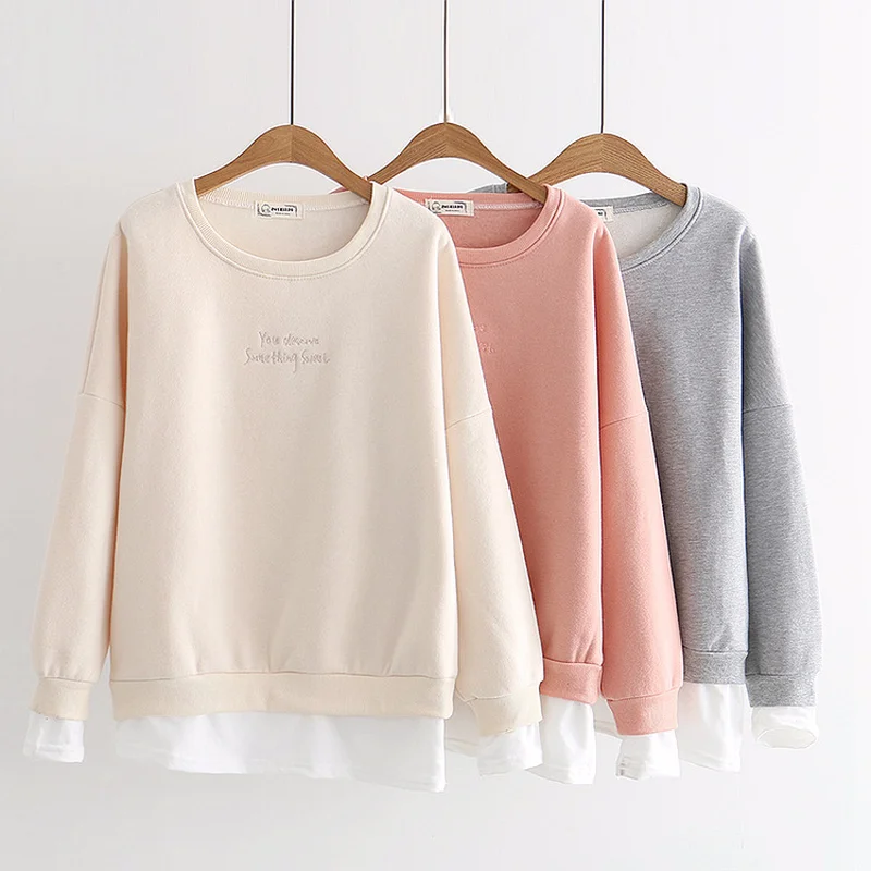 

Autumn Winter Fresh Sweatshirts Women Casual O Neck Drop Shoulder Letter Embroidery Flase Two Pieces Hoodies Student Fleece Tops