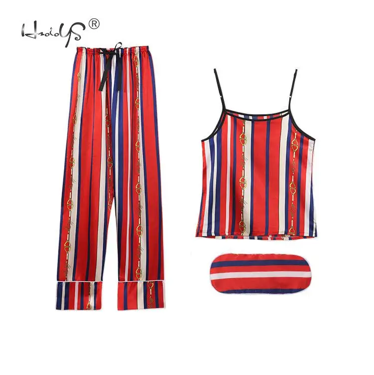 Stripe Printing Women's 7 Pieces Pajamas Sets Emulation Silk Satin Pajamas Women Sleepwear Sets Spring Summer Autumn Homewear